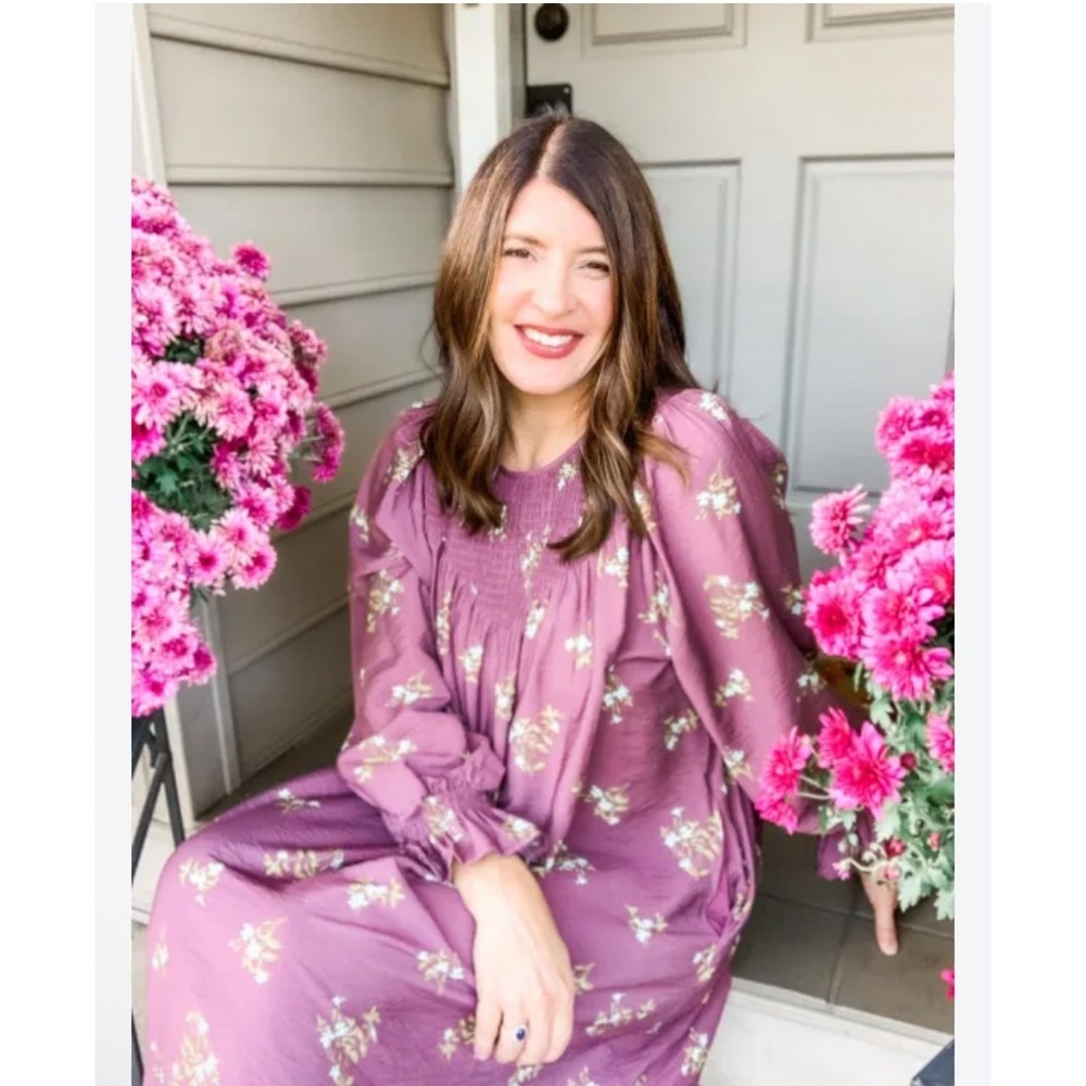 A New Day Plum Floral Smocked Long Sleeve Mini Dress XL Purple Boho Pockets